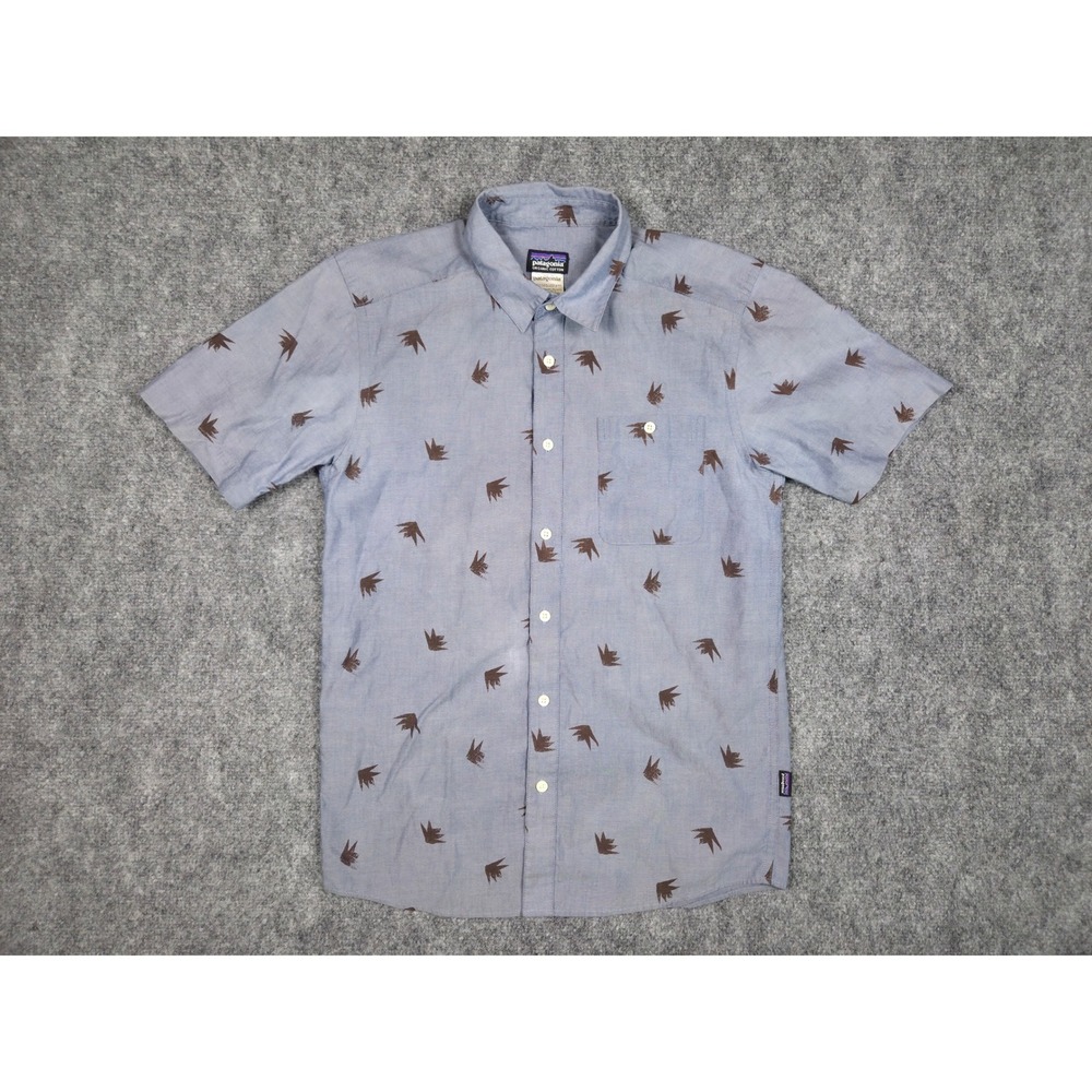 Patagonia Button Down Shirt Mens S Blue Organic Cotton Short‎ Sleeve Bird Print